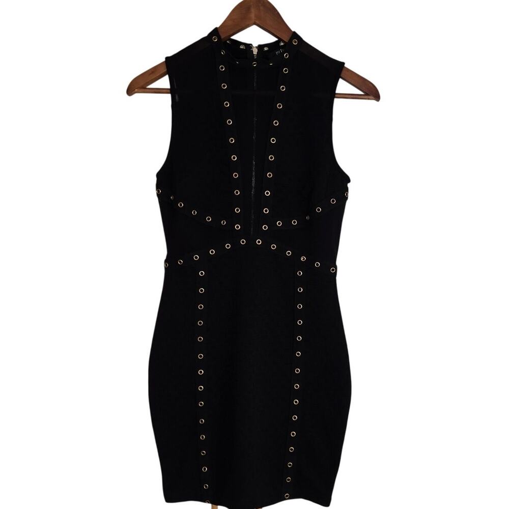 Gothic Glam Baddie Clubwear Gold Studded Cage‑Neck Bodycon Mini Mesh Inset Small